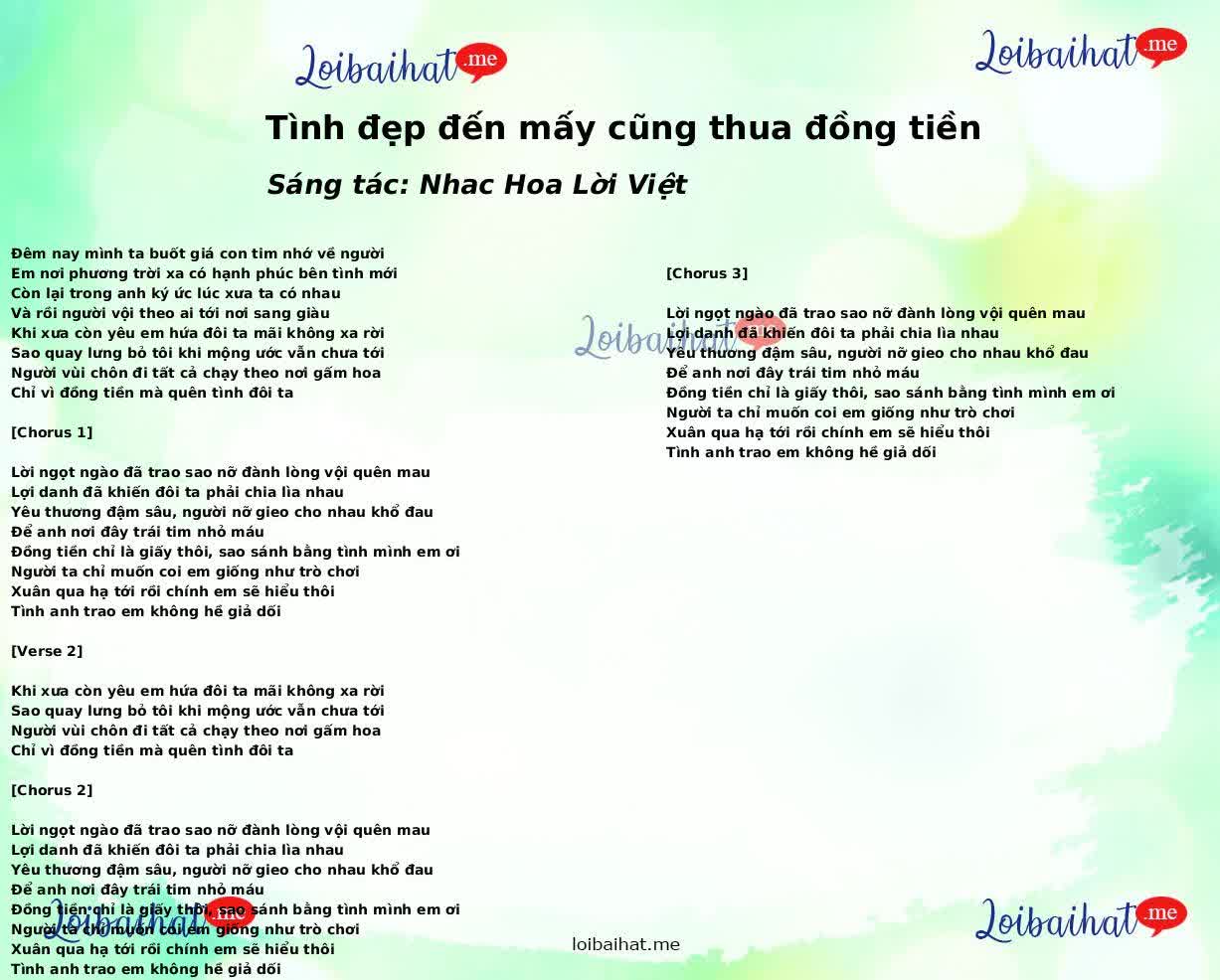 Tình đẹp đến mấy cũng thua đồng tiền