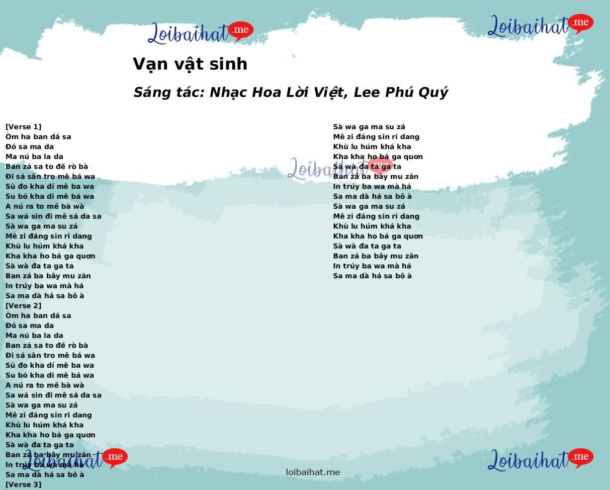 Lời bài hát Vạn vật sinh